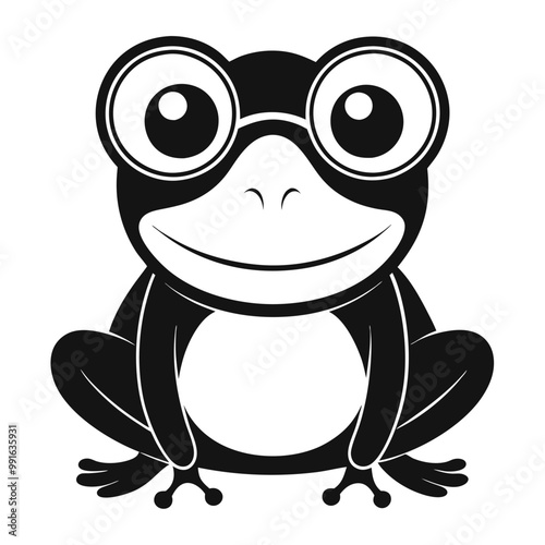 a black and white illustration of a frog wearing glasses. The frog is sitting on its hind legs with its front legs stretched out in front of it 