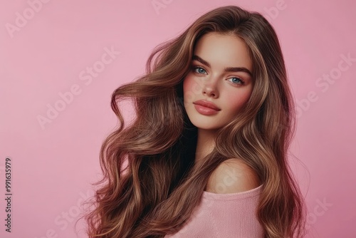 Beautiful woman with long wavy hair on a pink background. Ad for shampoo conditioner hair products .geneative ai