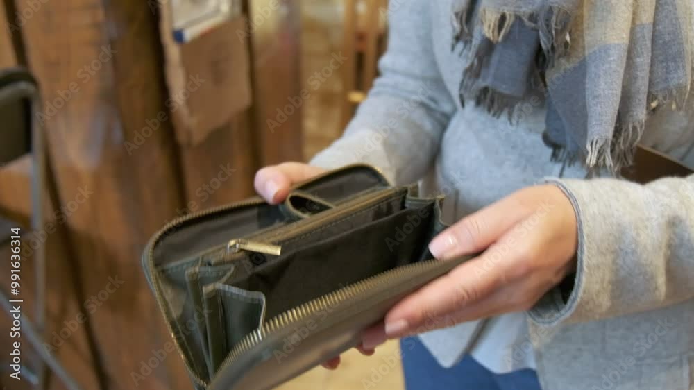A showcase of stylish leather accessories with a variety of unique products. The woman stares at the wallet intently, intending to buy it. A showcase of stylish leather accessories with a variety of unique products. The woman stares at the wallet intently, intending to buy it.