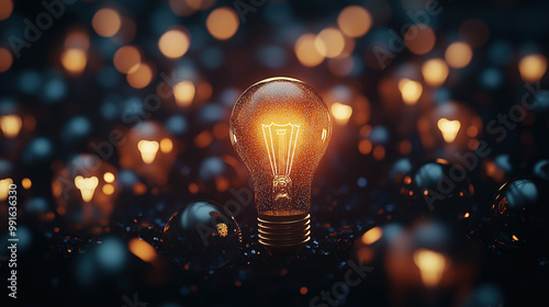 One lit light bulb standing out from the crowd, Concept of Innovation, Creativity, and Inspiration