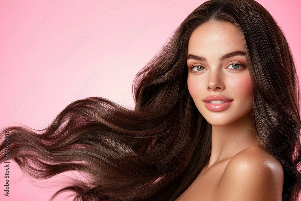 Beautiful woman with long wavy hair on a pink background. Ad for shampoo conditioner hair products .geneative ai Beautiful woman with long wavy hair on a pink background. Ad for shampoo conditioner hair products .geneative ai