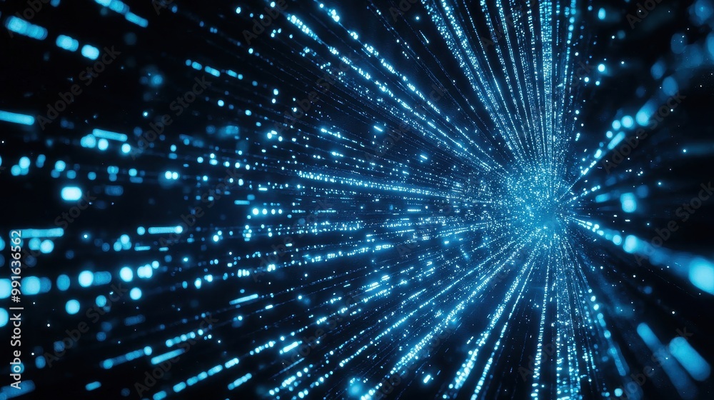 Naklejka premium Blue holographic light beams cascading in a tech-inspired digital world, creating a sleek and modern technology atmosphere.