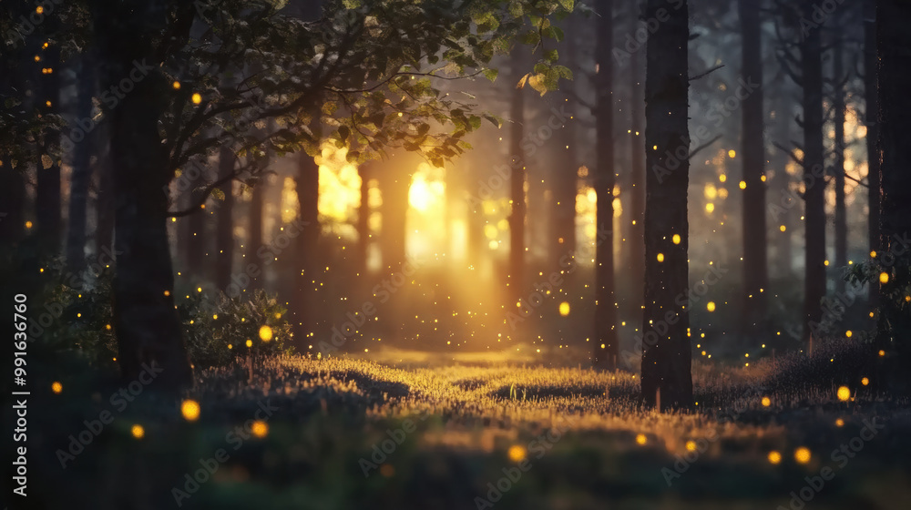 Fototapeta premium serene forest scene illuminated by soft sunlight filtering through trees, with glowing fireflies dancing in air, creating magical atmosphere