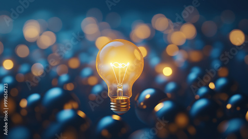 One lit light bulb standing out from the crowd, Concept of Innovation, Creativity, and Inspiration