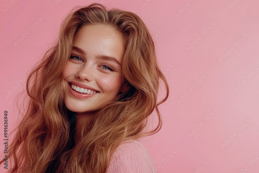 Beautiful woman with long wavy hair on a pink background. Ad for shampoo conditioner hair products .geneative ai Beautiful woman with long wavy hair on a pink background. Ad for shampoo conditioner hair products .geneative ai