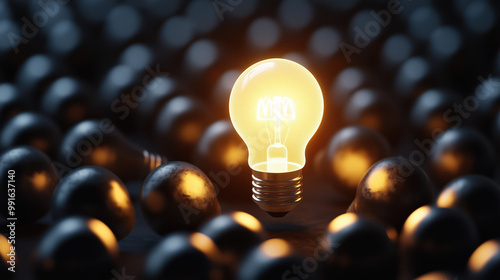 One lit light bulb standing out from the crowd, Concept of Innovation, Creativity, and Inspiration