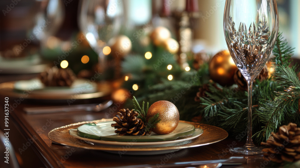 beautifully set festive dinner table featuring elegant plates, sparkling ornaments, and pinecones, creating warm and inviting atmosphere for holiday gatherings beautifully set festive dinner table featuring elegant plates, sparkling ornaments, and pinecones, creating warm and inviting atmosphere for holiday gatherings
