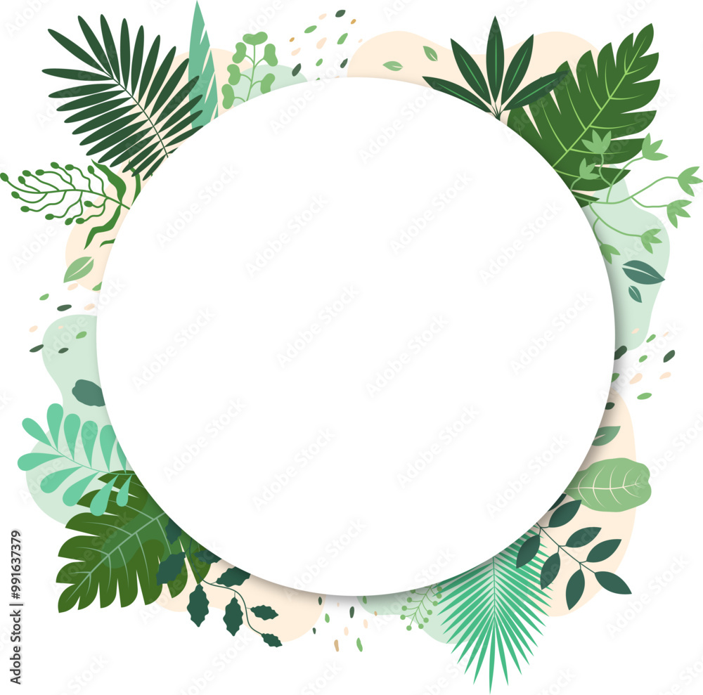 Green plant leaves and white circle, natural plant banner Green plant leaves and white circle, natural plant banner