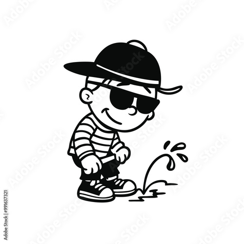 a black and white line drawing of a cartoon character. The character is wearing a striped shirt, a black hat, and sunglasses 
