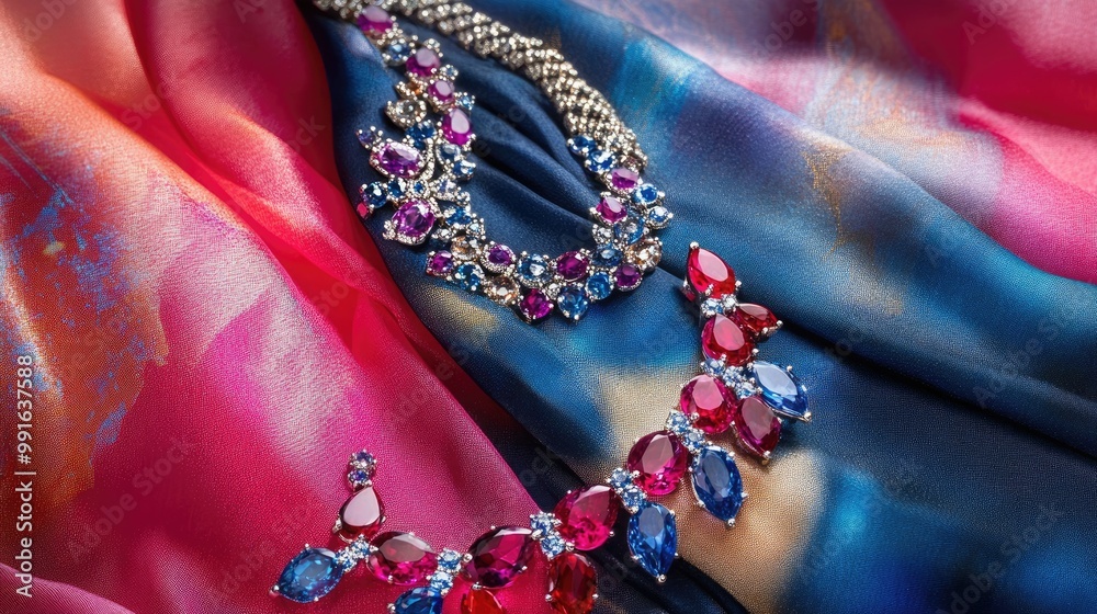 Fototapeta premium Gemstone jewelry collection featuring rubies and sapphires on a colorful fabric backdrop, with some pieces placed on a white background.