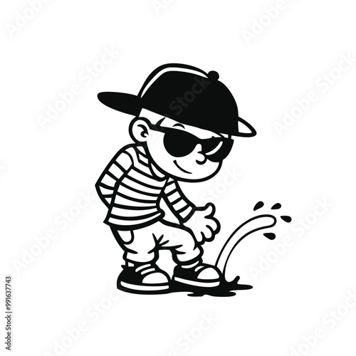 a black and white line drawing of a cartoon character. The character is wearing a striped shirt, a black hat, and sunglasses 