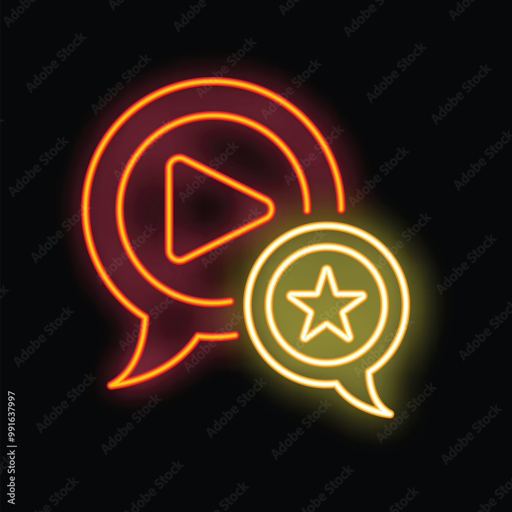 Neon glowing icon of two speech bubbles, one containing a video play symbol and the other a star rating