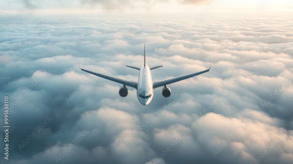 Obraz premium A serene aerial view of an airplane flying above fluffy clouds, showcasing the beauty of travel and adventure in the sky.