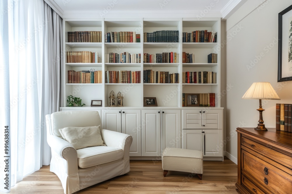 Modern Reading Room with White Furniture and Wooden Flooring, Bookshelf Design Modern Reading Room with White Furniture and Wooden Flooring, Bookshelf Design