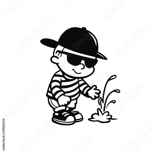 a black and white line drawing of a cartoon character. The character is wearing a striped shirt, a black hat, and sunglasses 