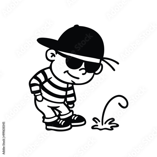 a black and white line drawing of a cartoon character. The character is wearing a striped shirt, a black hat, and sunglasses 