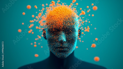 A surreal representation of a human head with vibrant particles exploding, symbolizing creativity and innovation in digital art.