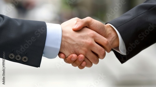 Close-up of two businessmen shaking hands in a professional setting. Business agreement and partnership concept.