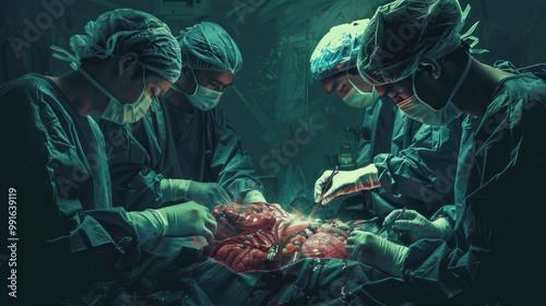 A surgeon performing an operation where the patient's body is transparent, revealing the intricate dance of organs and tools beneath photo