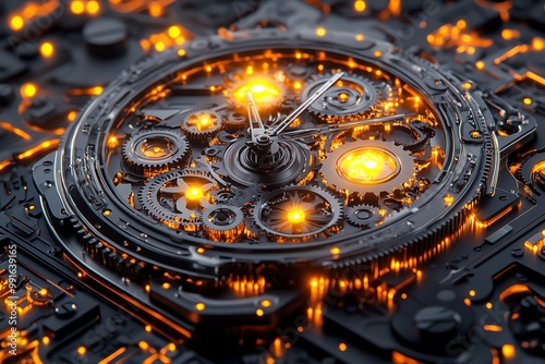 Wallpaper Mural A detailed 3D-rendered digital artwork of an old-fashioned clock, with mechanical gears and glowing lights creating a steampunk feel Torontodigital.ca
