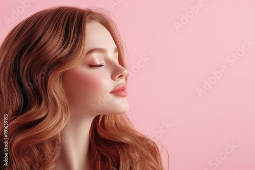 Beautiful woman with long wavy hair on a pink background. Ad for shampoo conditioner hair products .geneative ai