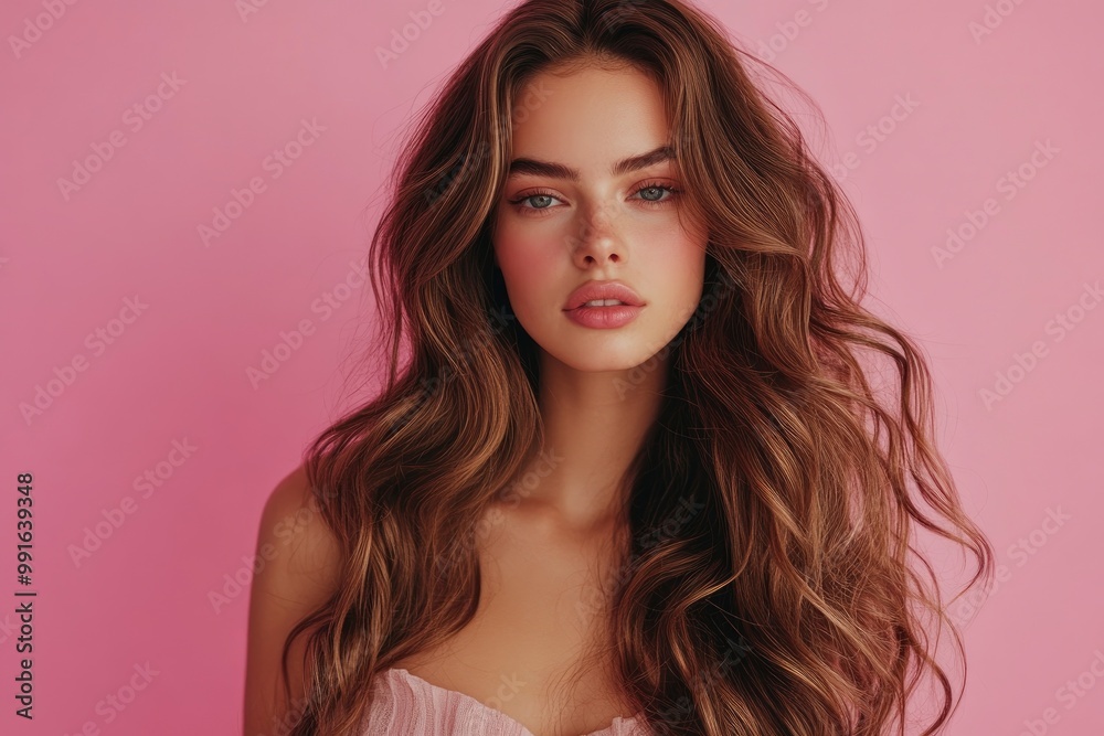 Fototapeta premium Beautiful woman with long wavy hair on a pink background. Ad for shampoo conditioner hair products .geneative ai