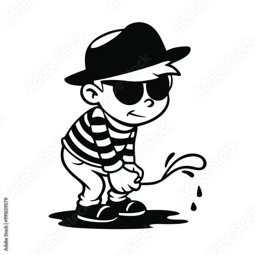 a black and white line drawing of a cartoon character. The character is wearing a striped shirt, a black hat, and sunglasses 