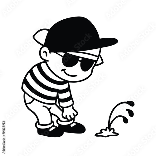 a black and white line drawing of a cartoon character. The character is wearing a striped shirt, a black hat, and sunglasses 