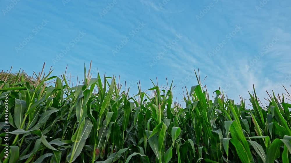 Green corn farm with a blue sky. Green corn farm with a blue sky.