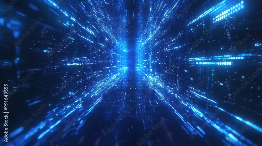 Fototapeta premium Blue holographic light beams flowing through an abstract tech grid in a digital space, creating a futuristic and innovative atmosphere.