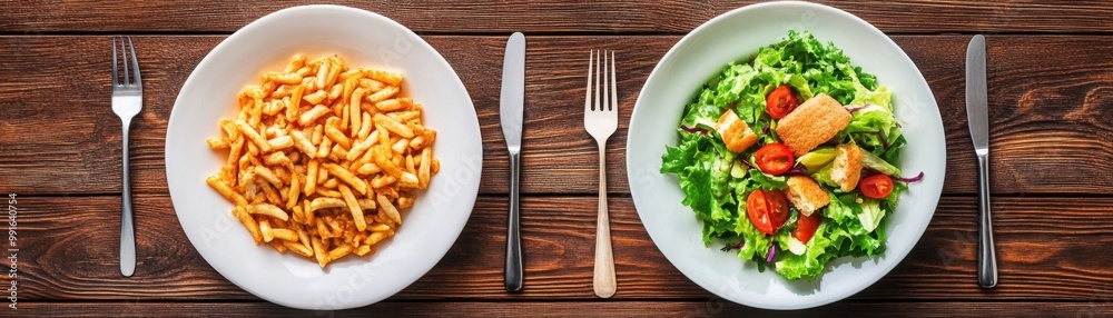 Fresh Salad vs Fast Food Meal on Wooden Table Fresh Salad vs Fast Food Meal on Wooden Table