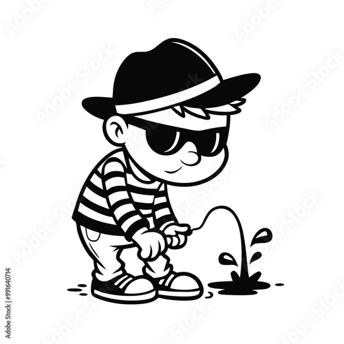 a black and white line drawing of a cartoon character. The character is wearing a striped shirt, a black hat, and sunglasses 