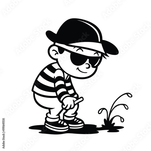 a black and white line drawing of a cartoon character. The character is wearing a striped shirt, a black hat, and sunglasses 