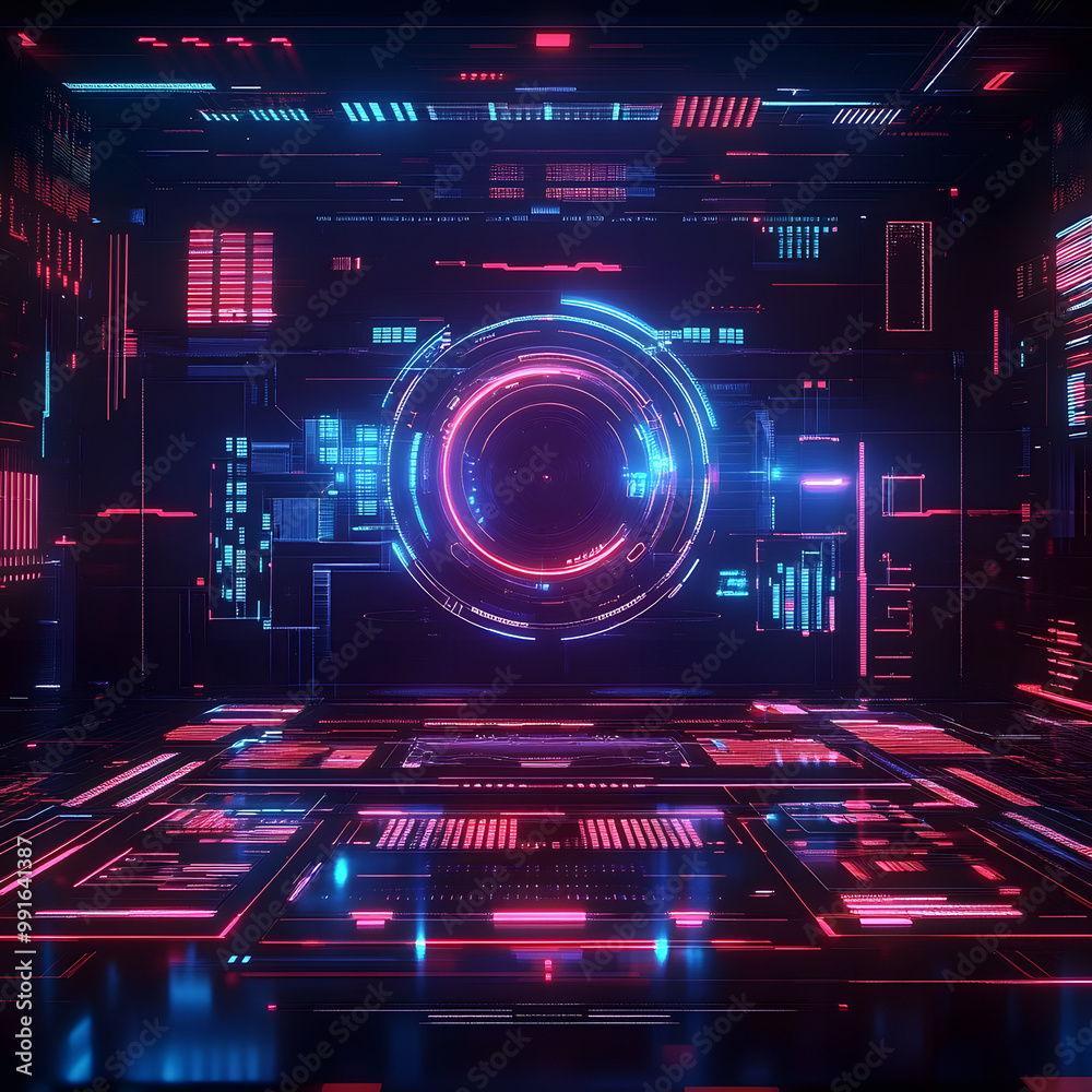 © Monirknn - Abstract technology background for gaming interfaces, featuring futuristic HUD elements, neon overlays, dynamic data visualization. for gaming website banners, generative ai © Monirknn - Abstract technology background for gaming interfaces, featuring futuristic HUD elements, neon overlays, dynamic data visualization. for gaming website banners, generative ai