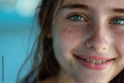 A girl with braces is smiling and looking at the camera