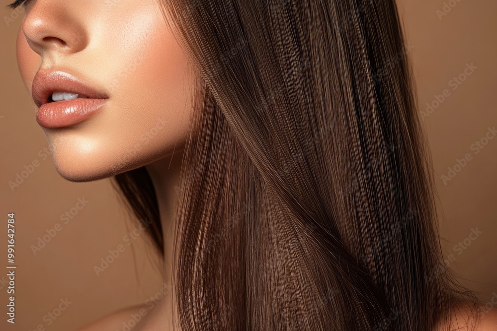 Beautiful young woman with long hair on brown background, closeup. Ad for shampoo conditioner hair products. Girl with beautiful healthy long shiny brown hair .geneative ai Beautiful young woman with long hair on brown background, closeup. Ad for shampoo conditioner hair products. Girl with beautiful healthy long shiny brown hair .geneative ai