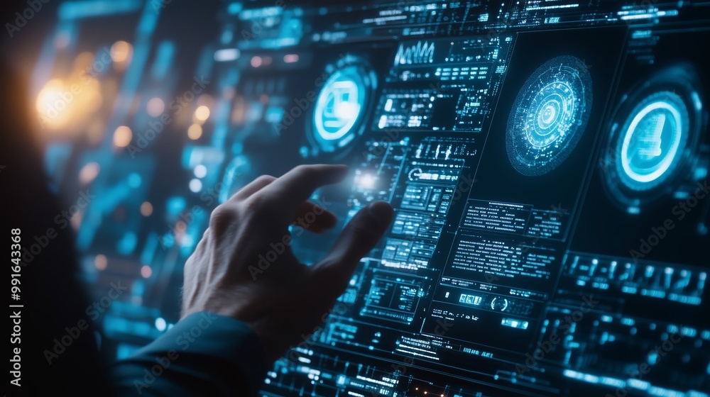 A person interacts with a futuristic digital interface displaying complex data and holographic elements in a tech environment A person interacts with a futuristic digital interface displaying complex data and holographic elements in a tech environment