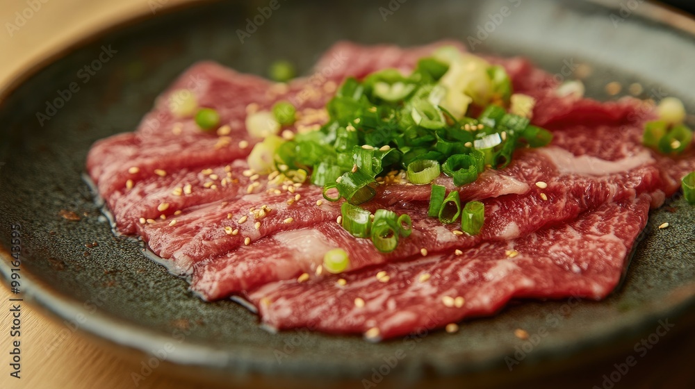 Japanese beef slices served on a traditional ceramic plate, garnished with green onions. A classic dish presentation for food blogs and culinary guides. Japanese beef slices served on a traditional ceramic plate, garnished with green onions. A classic dish presentation for food blogs and culinary guides.