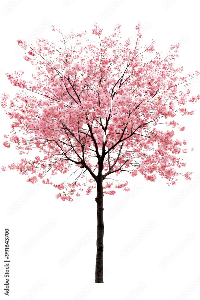 Obraz premium A tall, blossoming cherry blossom tree with pink flowers, isolated on transparent background, PNG file, capturing the beauty of spring