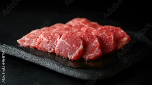 Japanese Misuji beef, freshly sliced and rich with marbling, on a black background. The dark setting emphasizes the meataes premium quality and freshness. photo