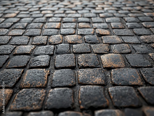 Worn cobblestone road with visible tire tracks, polished and shiny, tire-tracked cobblestone, well-trodden path photo