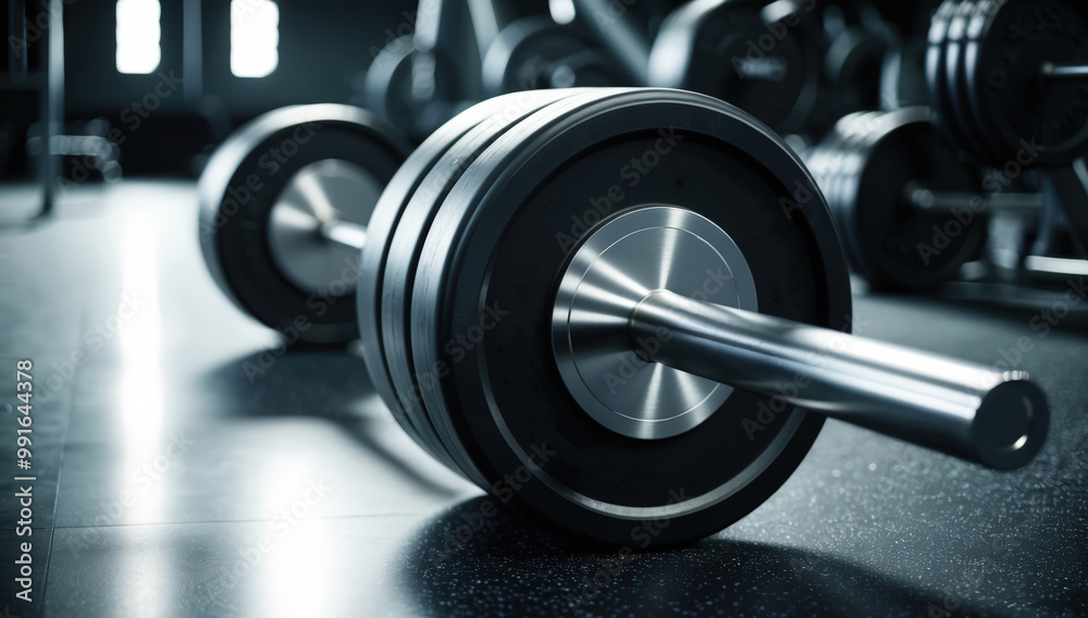 weight bar lying on a glossy wooden floor, reflecting the light. The blurred background shows a busy gym weight bar lying on a glossy wooden floor, reflecting the light. The blurred background shows a busy gym