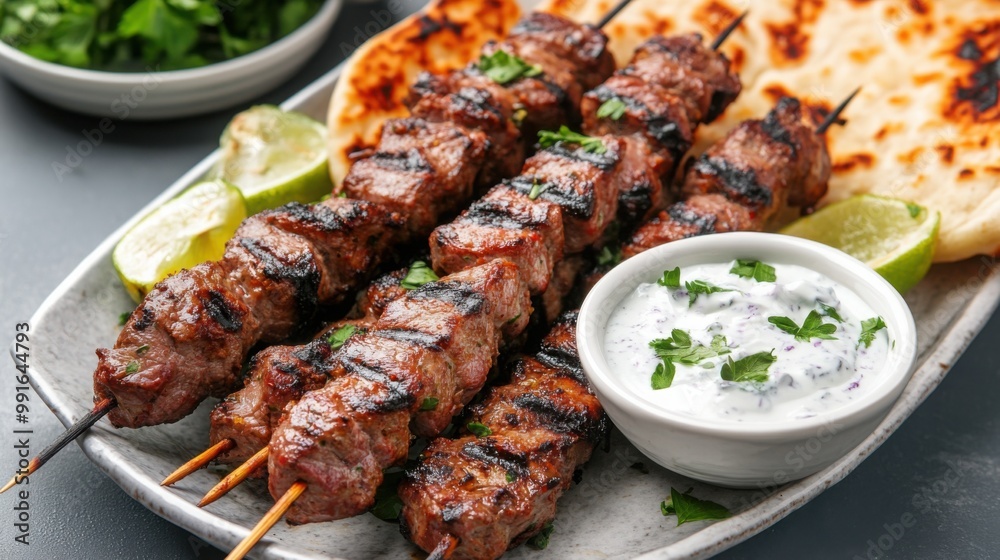 Grilled Lamb Kebabs Platter with Yogurt Sauce Grilled Lamb Kebabs Platter with Yogurt Sauce