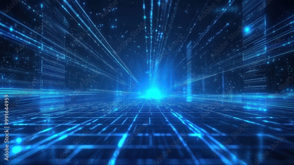 Dynamic blue beams of holographic light intersecting over a digital grid, capturing the energy of modern technology innovation. Dynamic blue beams of holographic light intersecting over a digital grid, capturing the energy of modern technology innovation.