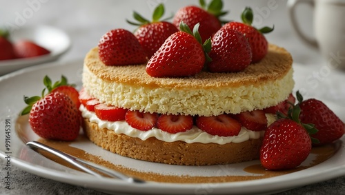 Dessert featuring layers of sponge cake and fresh strawberries.