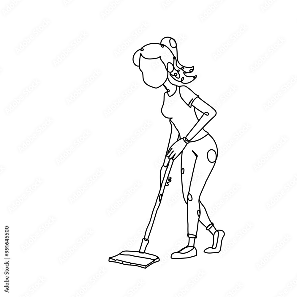 Fototapeta premium Dessin en ligne continue d'une femme passant la serpillère, lineart, vecteur