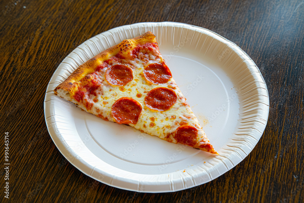 Fresh Slice Of Pizza On A White Paper Plate In The Middle Of The Table Created With Artificial Intelligence Fresh Slice Of Pizza On A White Paper Plate In The Middle Of The Table Created With Artificial Intelligence