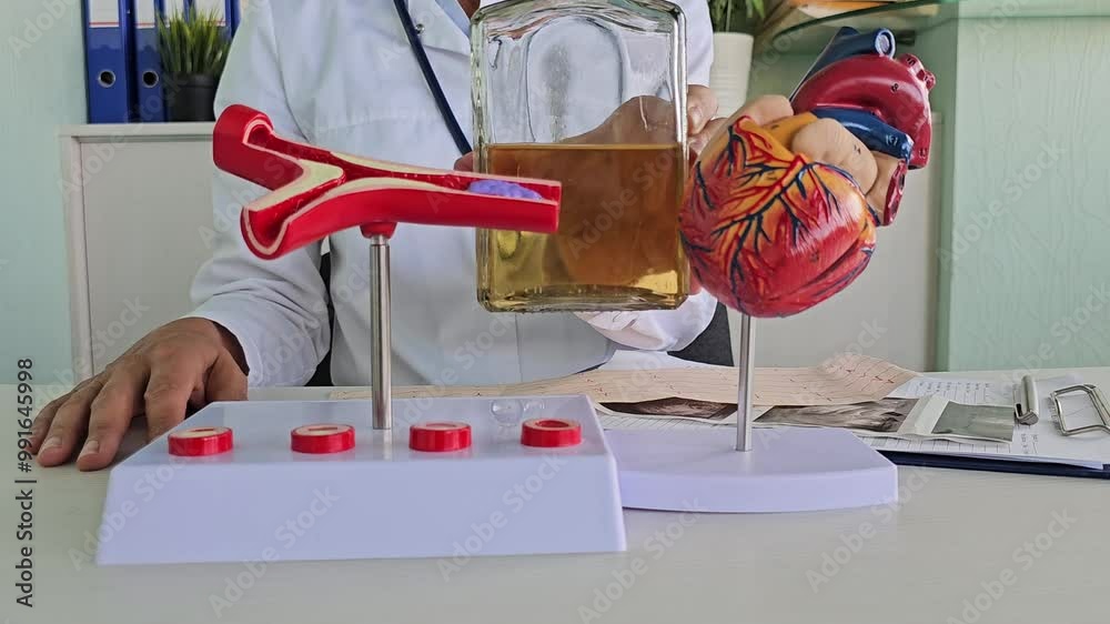 Cardiologist holding a model of a heart and a bottle of alcohol