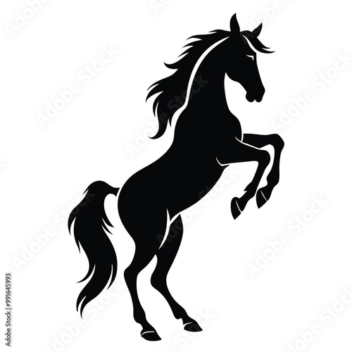 a black silhouette of a horse rearing up on its hind legs. The horse appears to be in mid-stride, with its front legs stretched out and its head turned to the side 