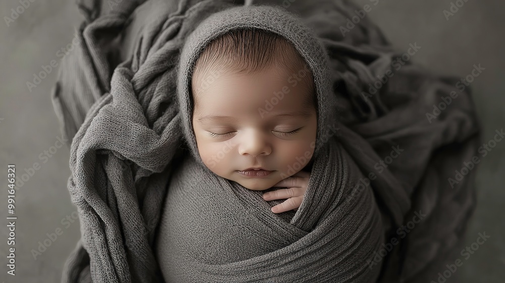 Top View of a NewBorn Baby Wrapped in Gray Cloth Generative Ai Image Top View of a NewBorn Baby Wrapped in Gray Cloth Generative Ai Image